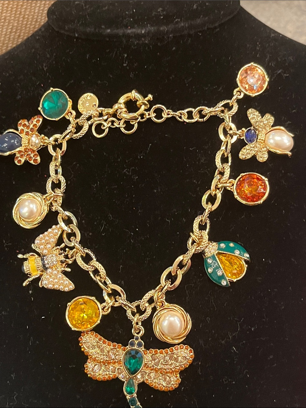 Talbots Gold-Tone Charm Bracelet with Green, Yellow and Pearl Accents